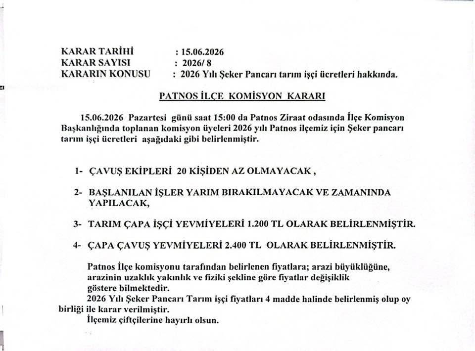 Patnos'ta 2026 Yılı Şeker Pancarı İşçi Ücretleri Belirlendi