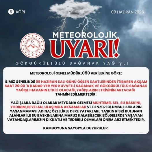 Ağrı Valiliği'nden Kuvvetli Sağanak Yağış Uyarısı