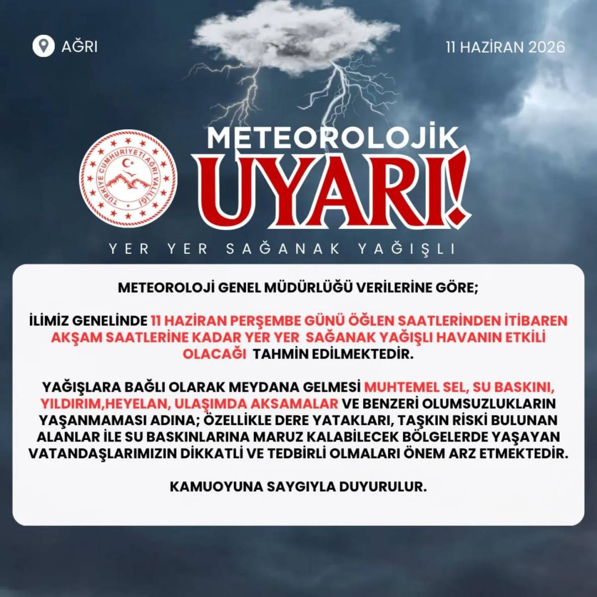 Ağrı Valiliği'nden Meteorolojik Uyarı