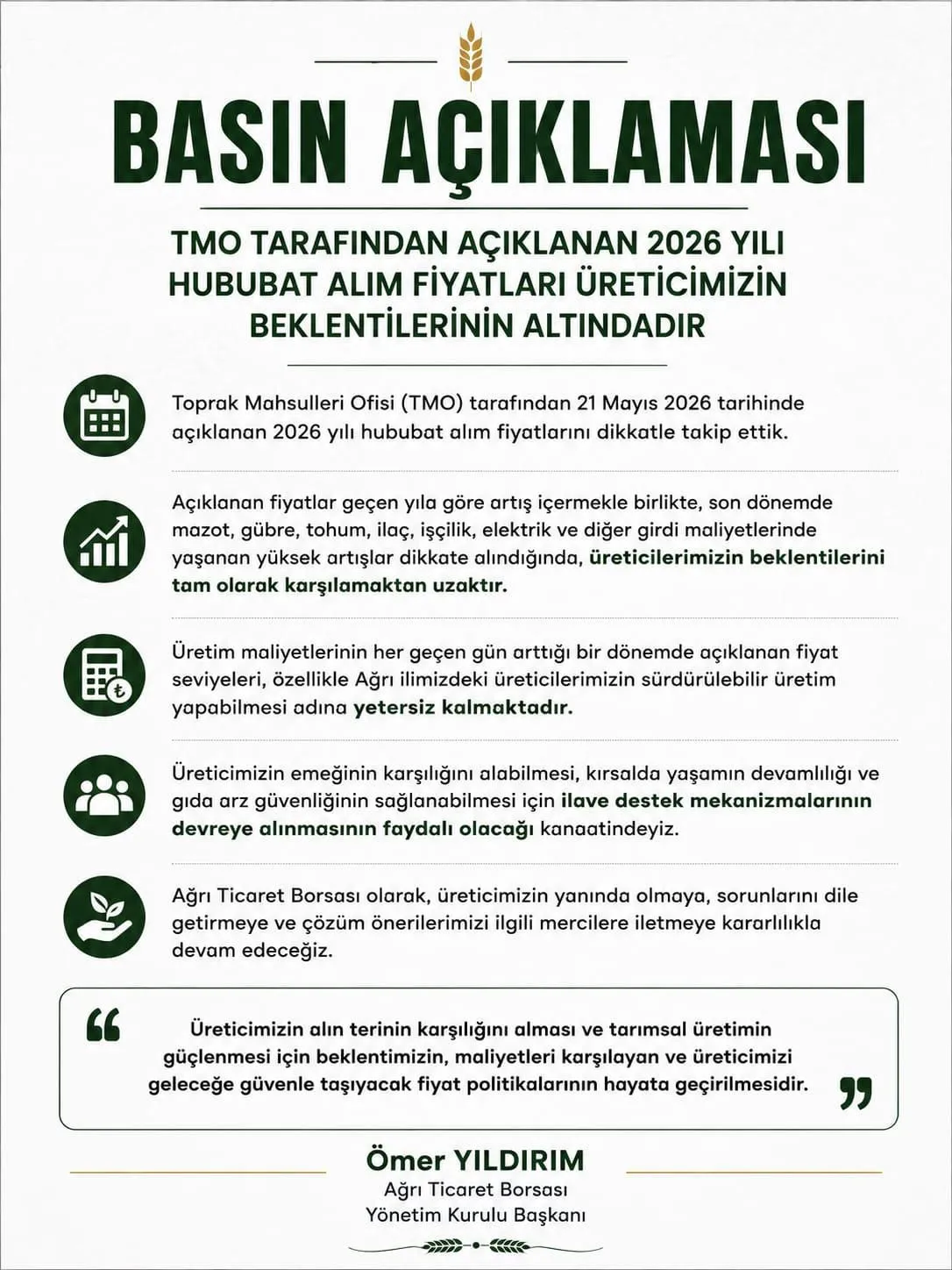 Ağrı Ticaret Borsası’ndan TMO’nun Hububat Alım Fiyatlarına Tepki