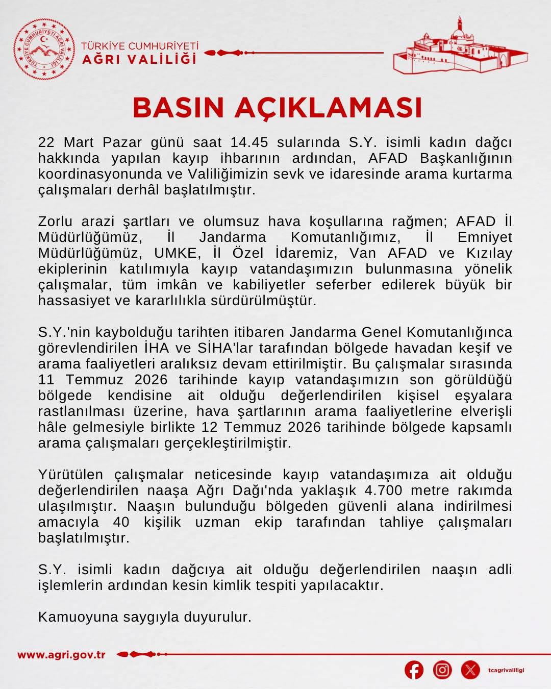 Ağrı Valiliği Duyurdu: Kayıp Kadın Dağcıya Ait Olduğu Değerlendirilen Naaş Bulundu